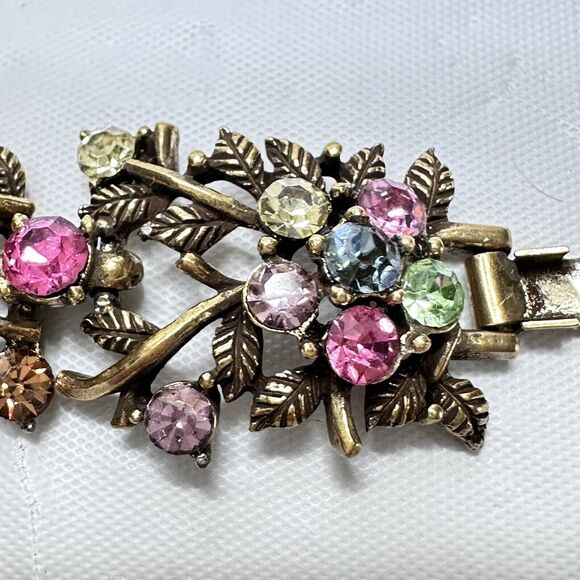 Vintage Set Signed CORO Bracelet 7" & Earrings Antique Gold Tone Rhinestones - Picture 12 of 16